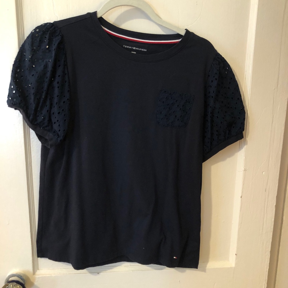 Tommy Hilfiger navy Eyelet Sleeve Top